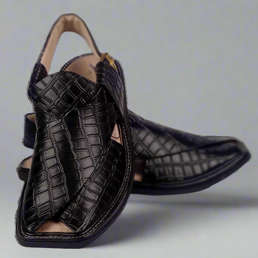 Black Croc-Style Peshawari Chappal